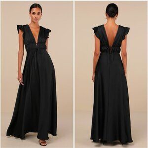 LULUS I'M ALL YOURS BLACK SATIN CUTOUT RUFFLED MAXI DRESS